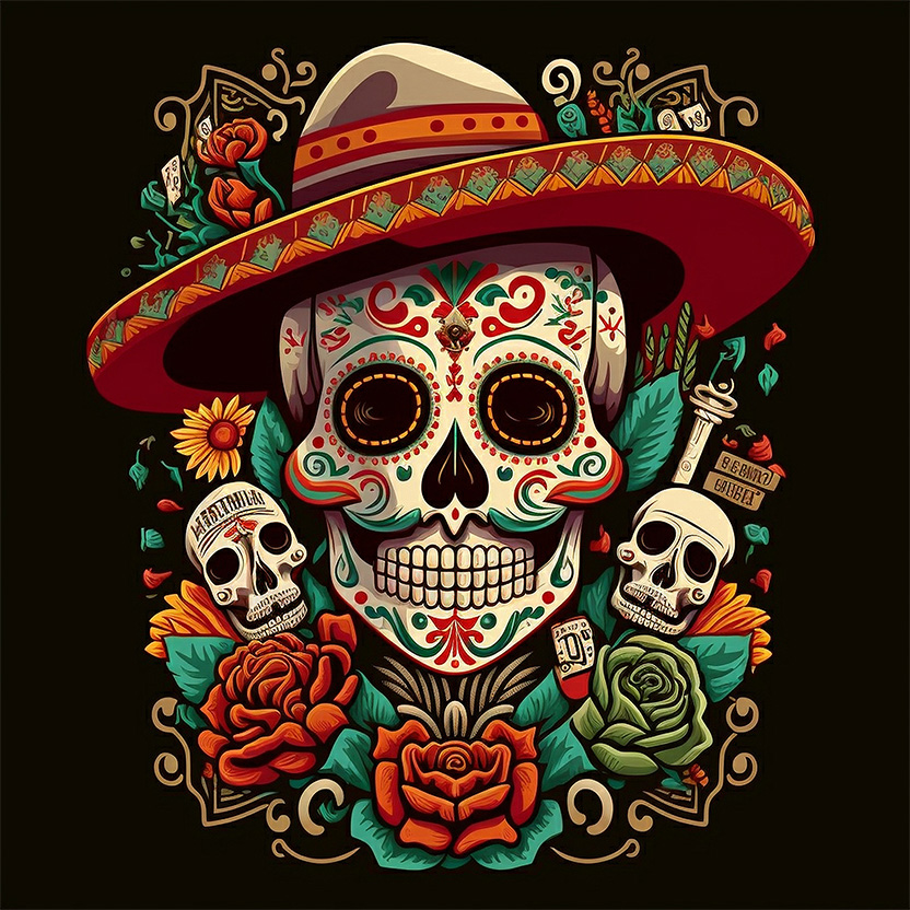Maglietta teschio messicano con cappello e fiori
